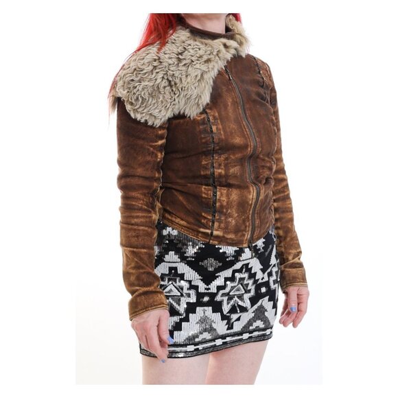 PLEIN SUD Brown Hook & Loop Detail Real Fur Distressed Leather Jacket - Picture 3 of 15